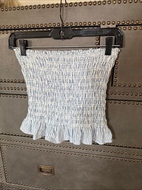 Garage Blue and White Striped Smocked Mini Skirt with Ruffle Hem